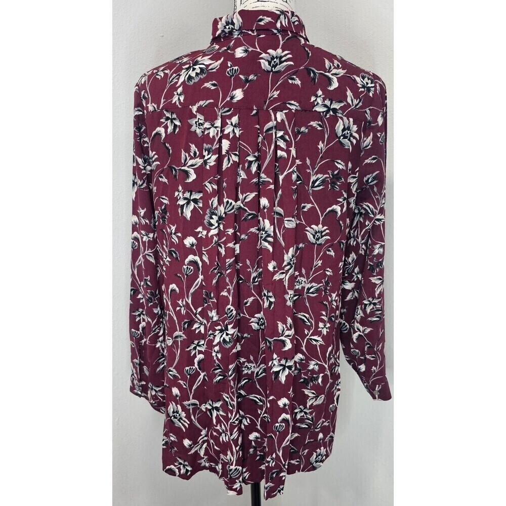 J. Jill Burgundy Floral Long Sleeve Button Up Tunic Pleated Shirt Blouse Size S - Picture 6 of 16